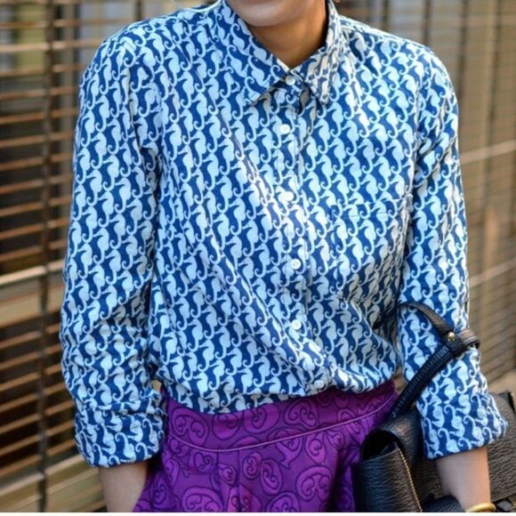 J. Crew Seahorse Linen Blend Button Down Boy Shirt Size 6 Nautical - Picture 1 of 11